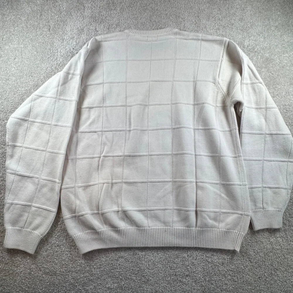 IZOD Mens XL Off White Textured Windowpane Cotton Crewneck Sweater Made in Japan